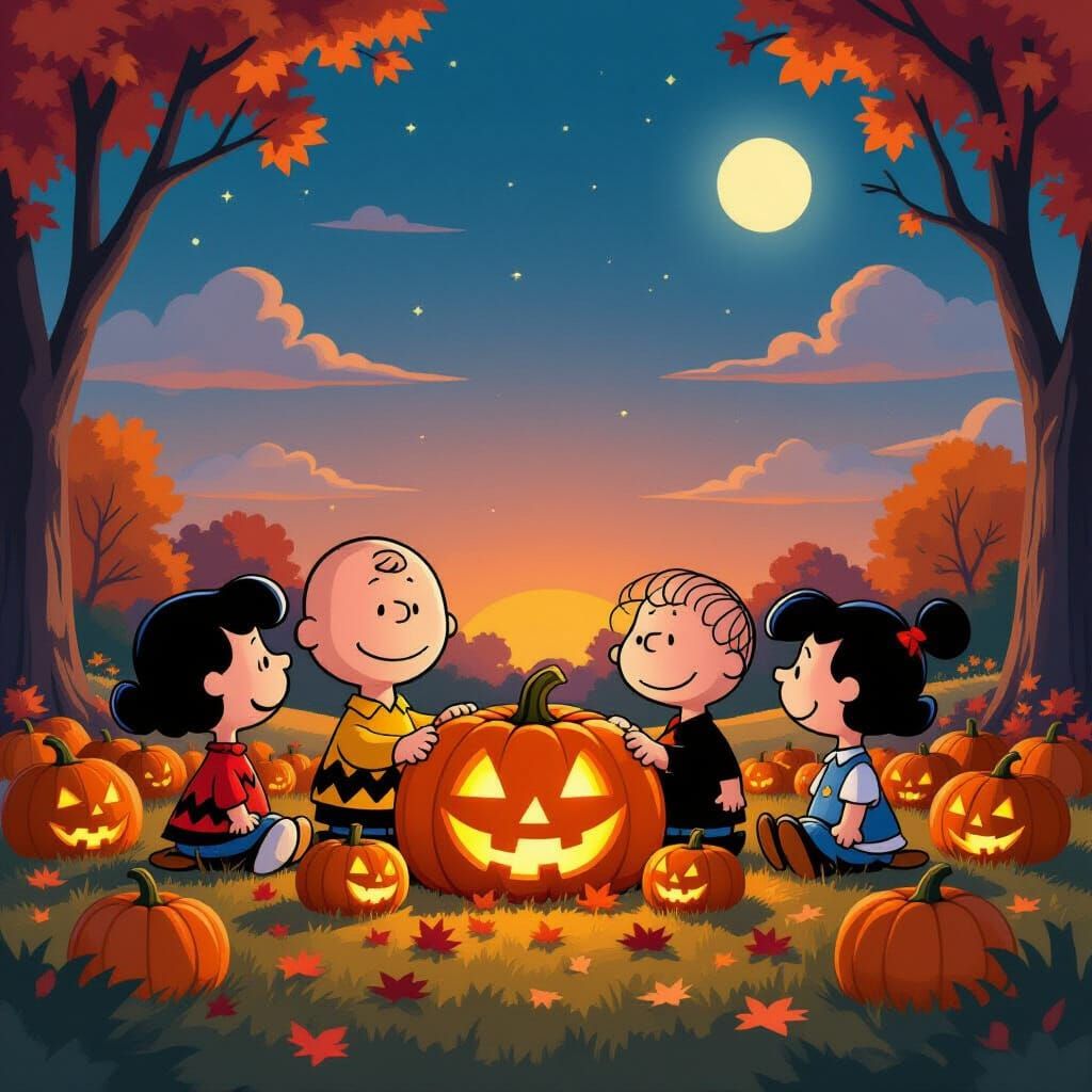 Peanuts Gang Awaiting Great Pumpkin in Twilight