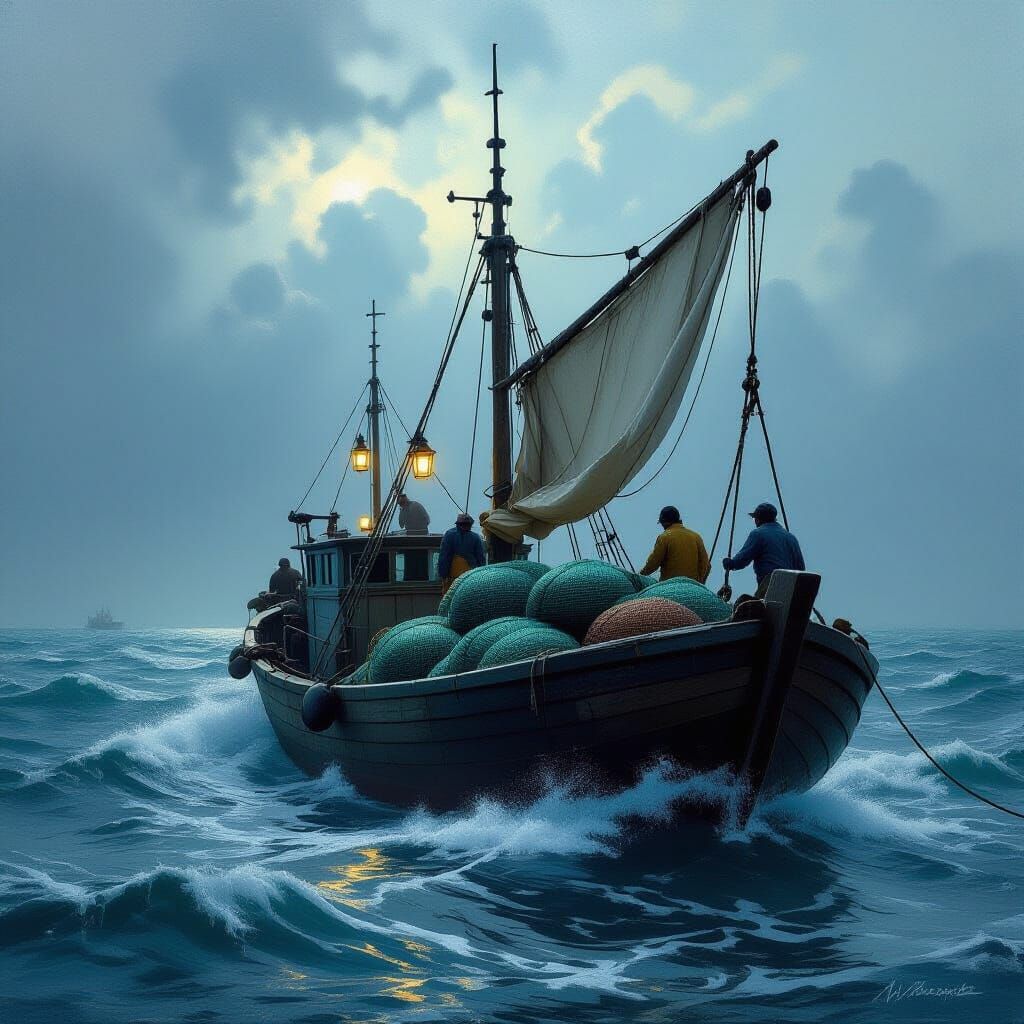 Fishermen Haul Rich Nets Onto Boat Under Dramatic Sky