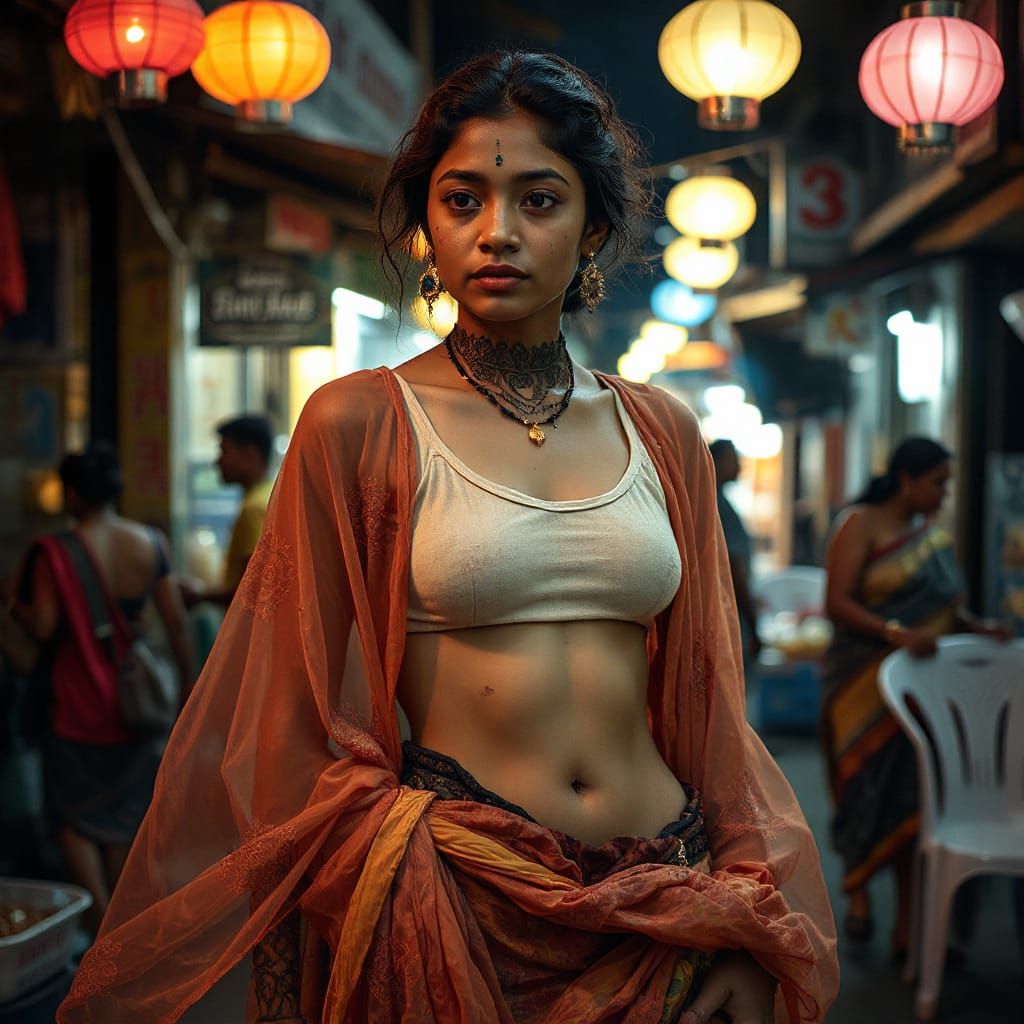 Bohemian Woman in Lantern-Lit Night Market