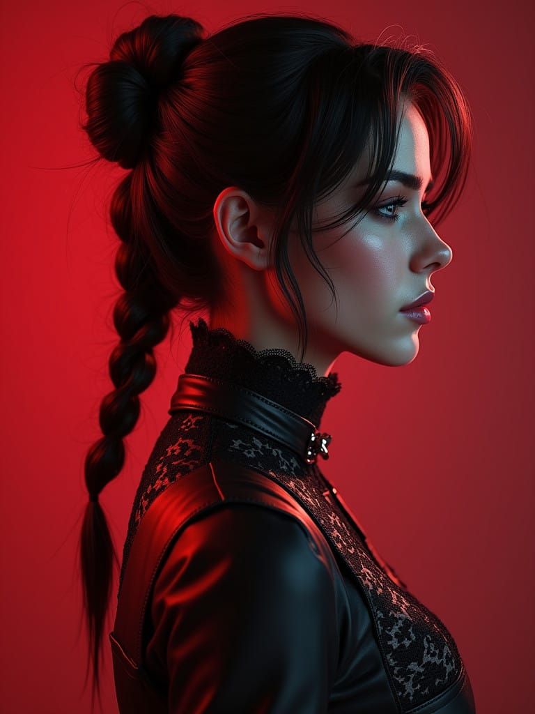 Hyperrealistic Lady in Ruby Hues with Intricate Leather and ...