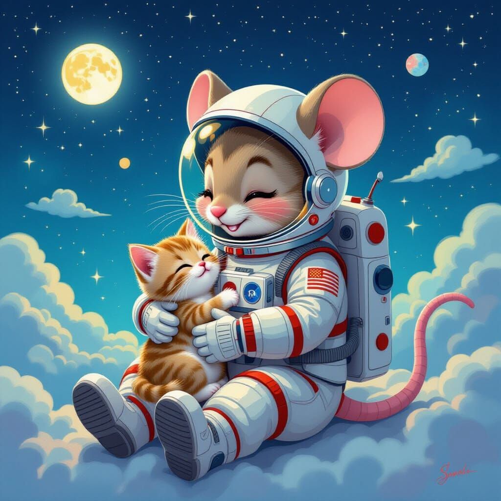 Mouse in Spacesuit with Kitten: Storybook Spacecore Illustra...
