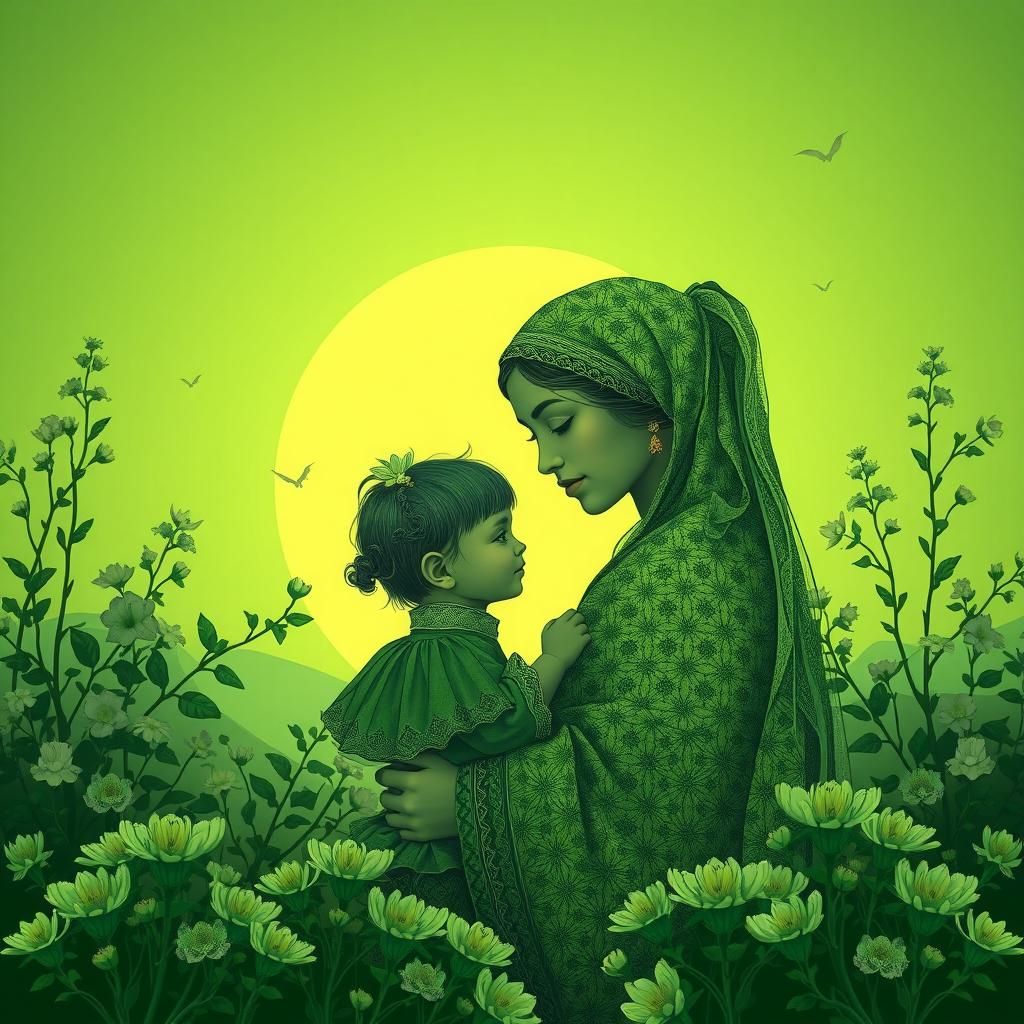 Green Dream: Mother and Child in Art Brut Style