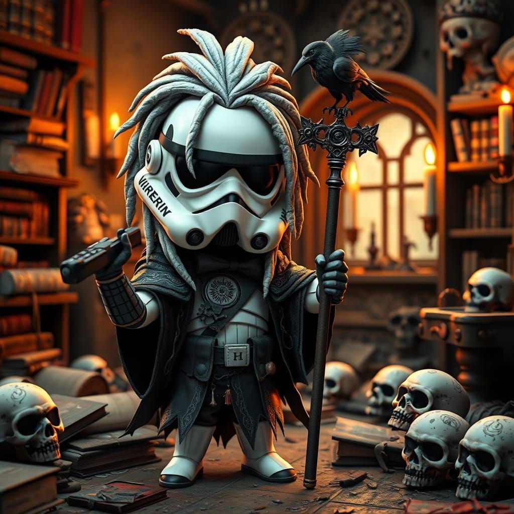 Dancing Stormtrooper Meets Chibi Necromancer in Dusty Study