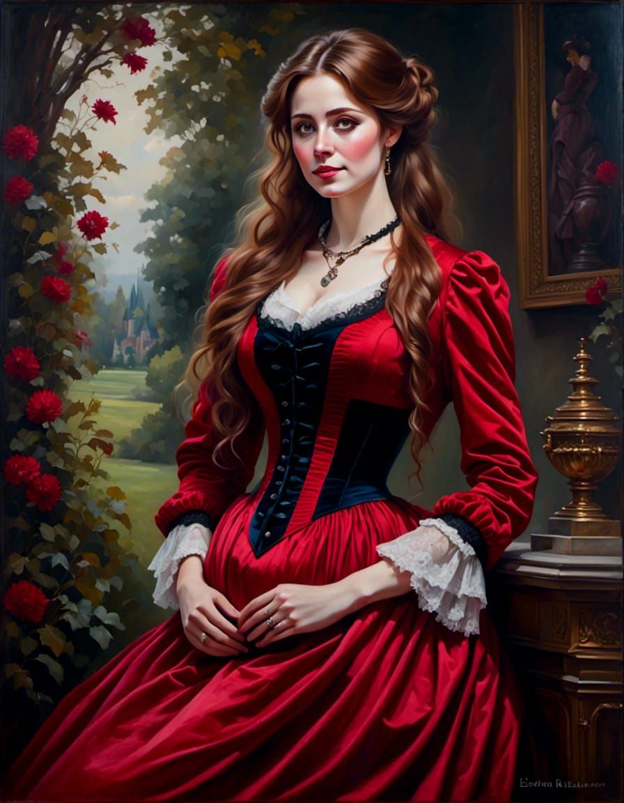 Playful Victorian Woman in Red Velvet Portrait