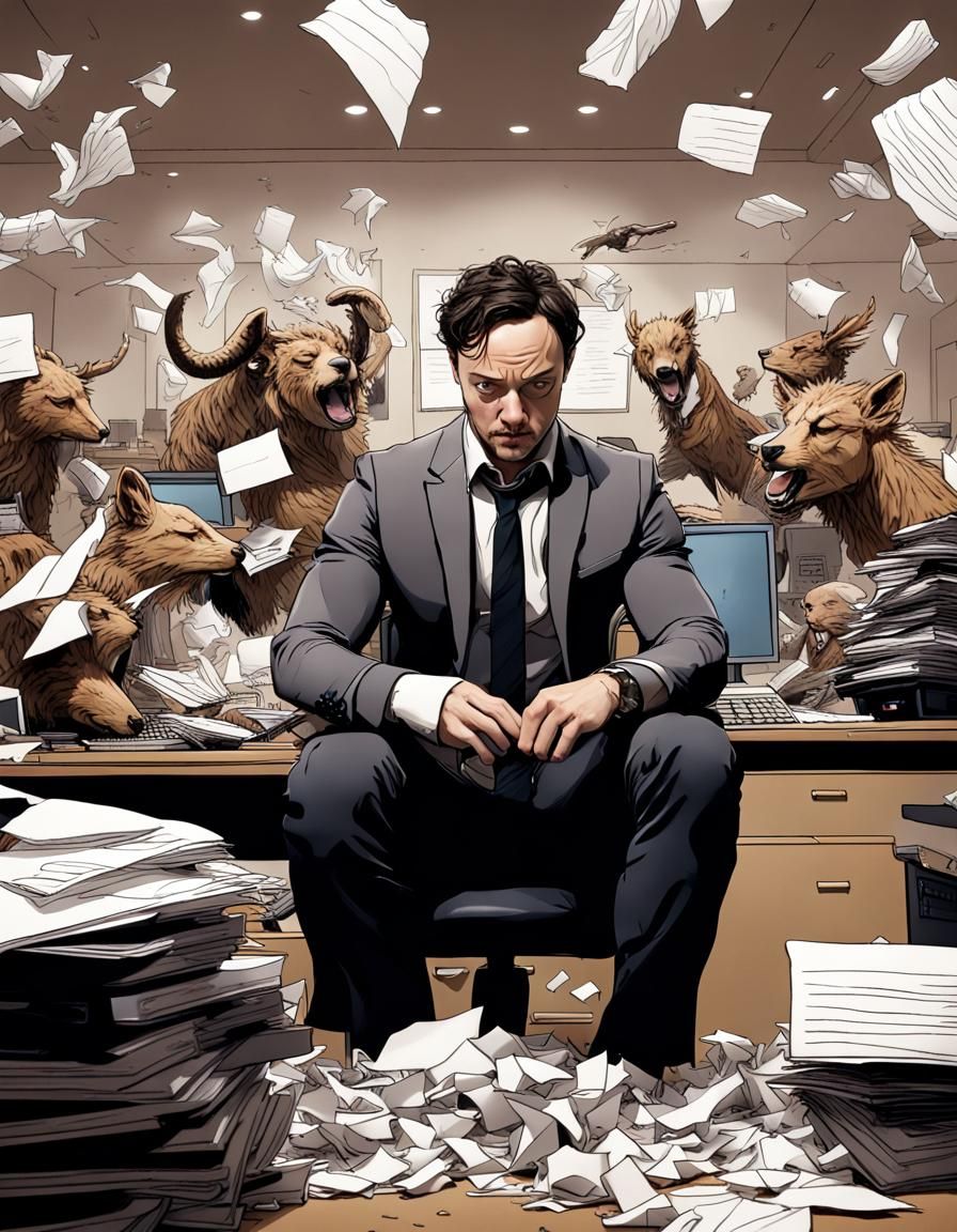 Annoyed Man in Chaotic Office Scene