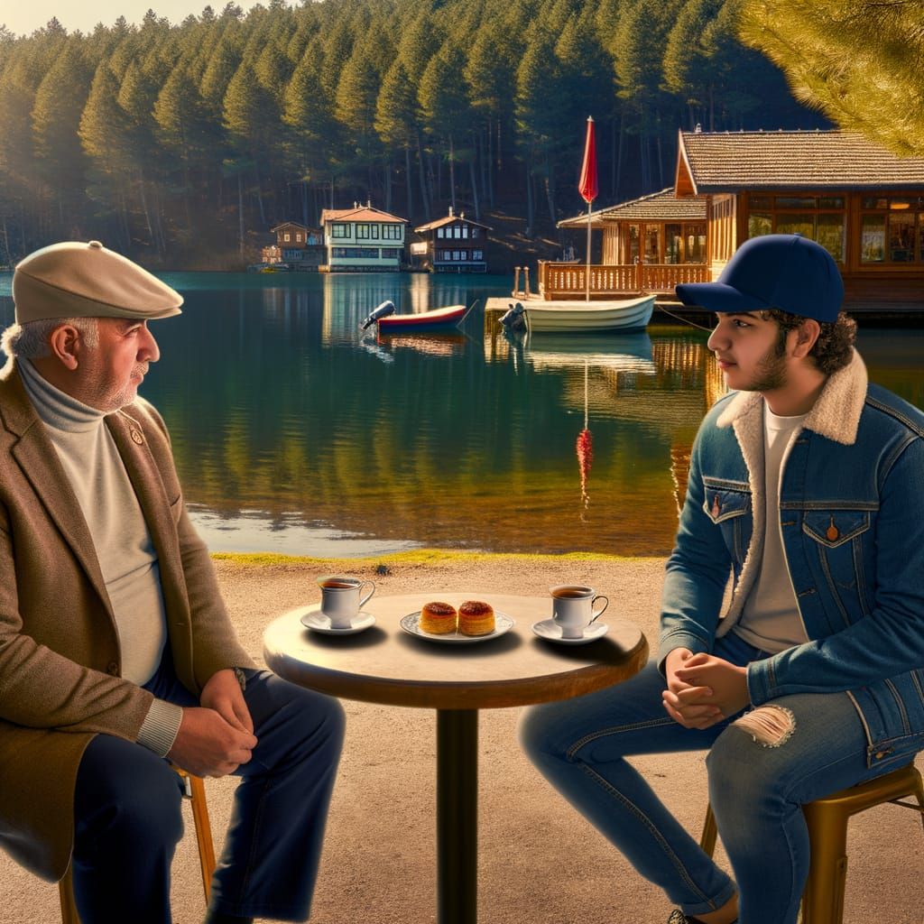 Father and Son Share Tea in Turkish Countryside