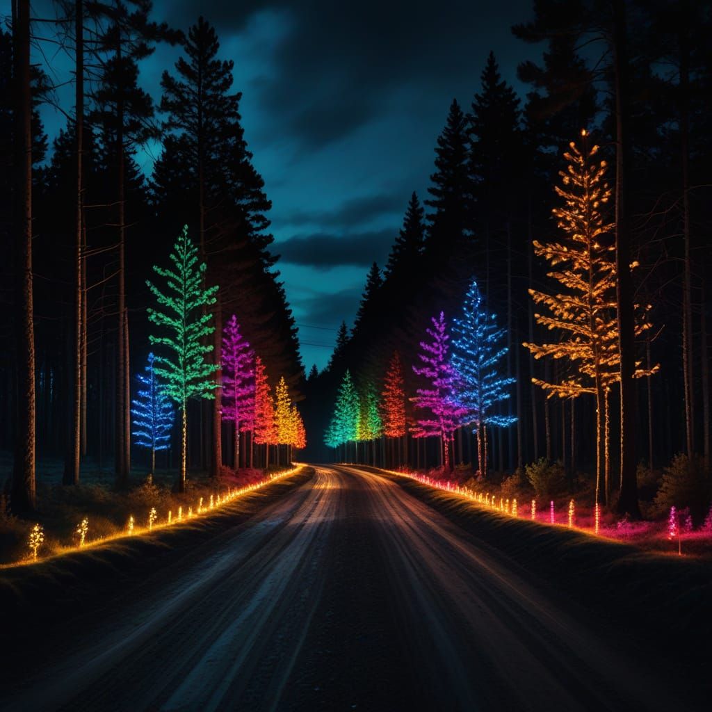 Night Drive: Christmas Lights on Dark Country Road
