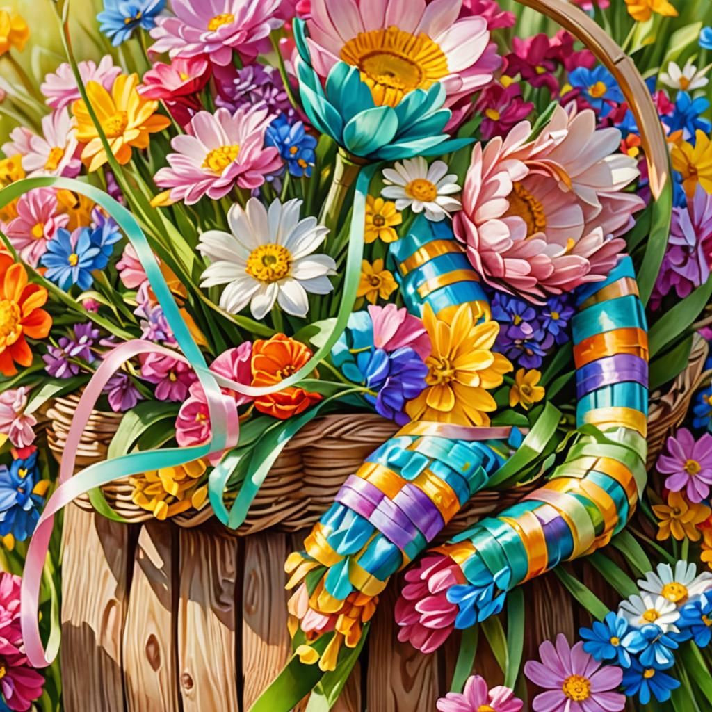 Colorful Spring Flowers in Basket: Whimsical Digital Art