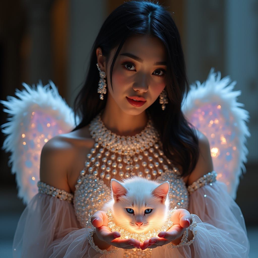 Glamorous Woman in Futuristic Gown with Pearls and Diamond A...