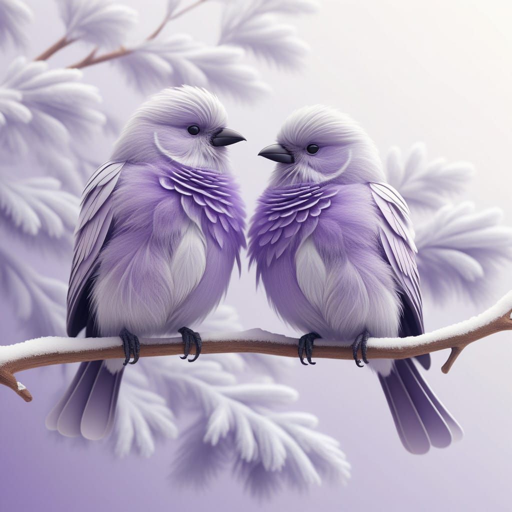 Soft Lilac Birds on a Frosty Branch in a Pastel Haze