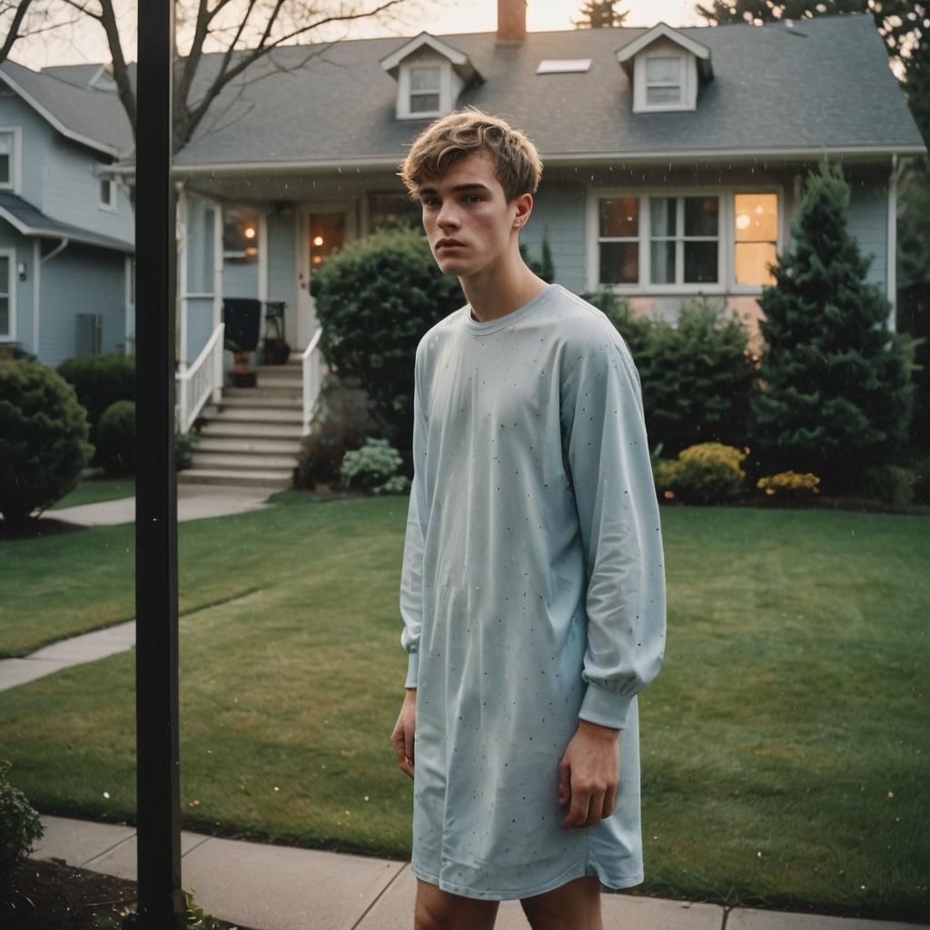 Contemplative Boy in Babydoll Dress at Dusk