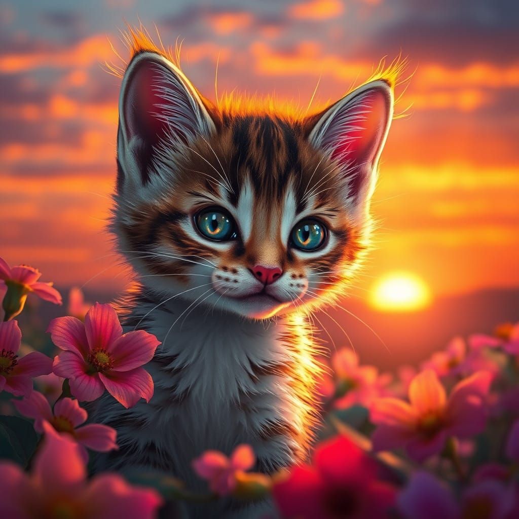 Whimsical Sunset Scene with Feline Companion