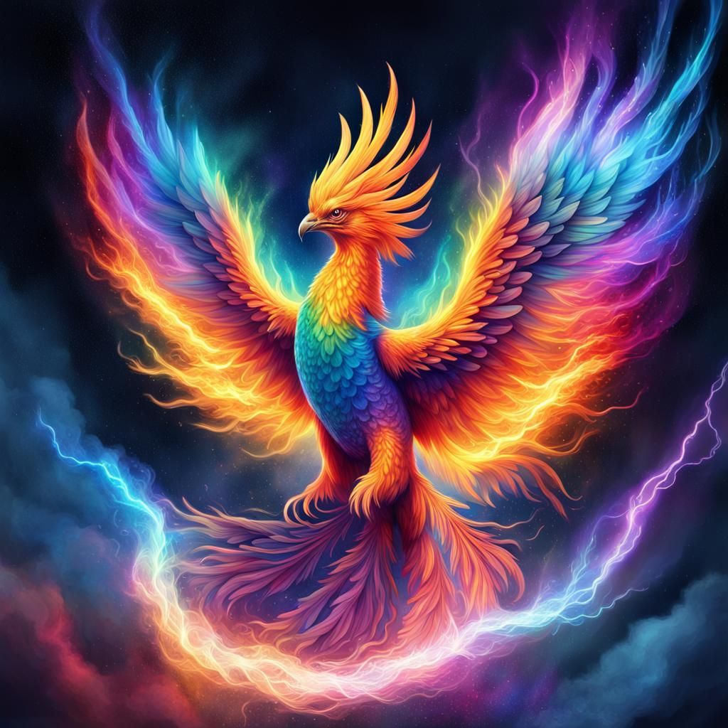 Rainbow Phoenix in Cosmic Astral Illustration Style
