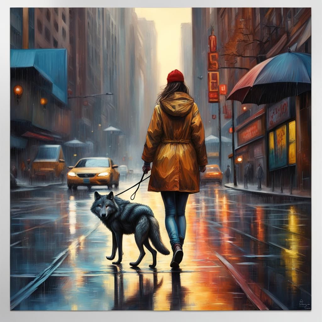 Woman Walks Wolf in Rainy New York: Hyperrealistic Splash Ar...