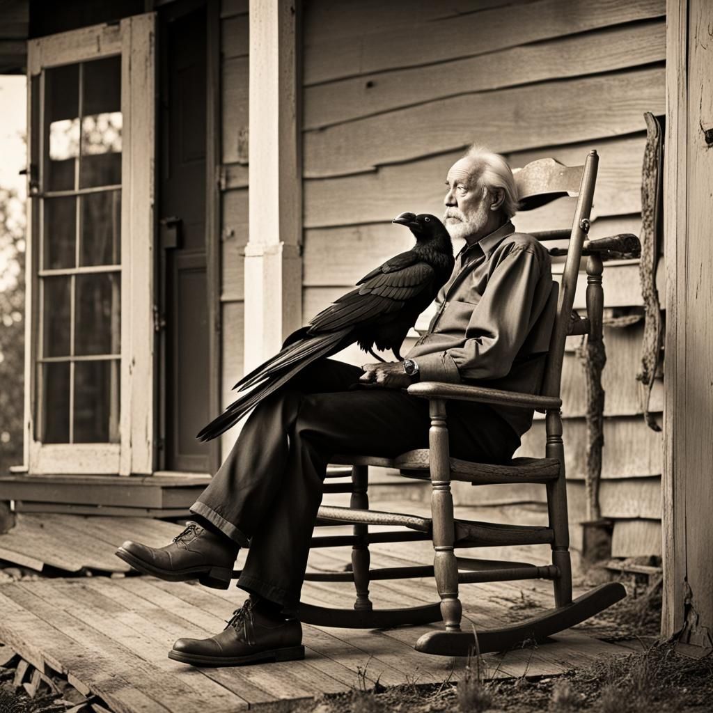 Raven and Old Man on a Porch