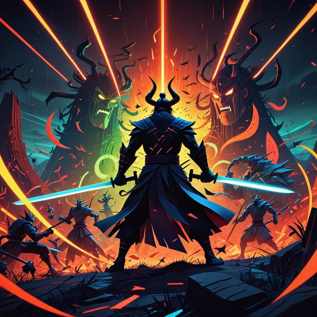 Samurai Jack's Geometric Anime Battle in Neon Landscape