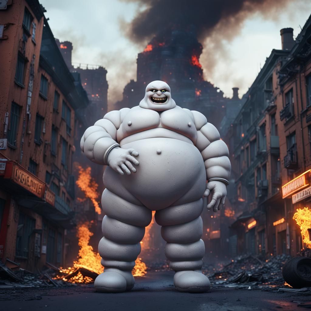 Evil Michelin Man in Burning City: Digital Art