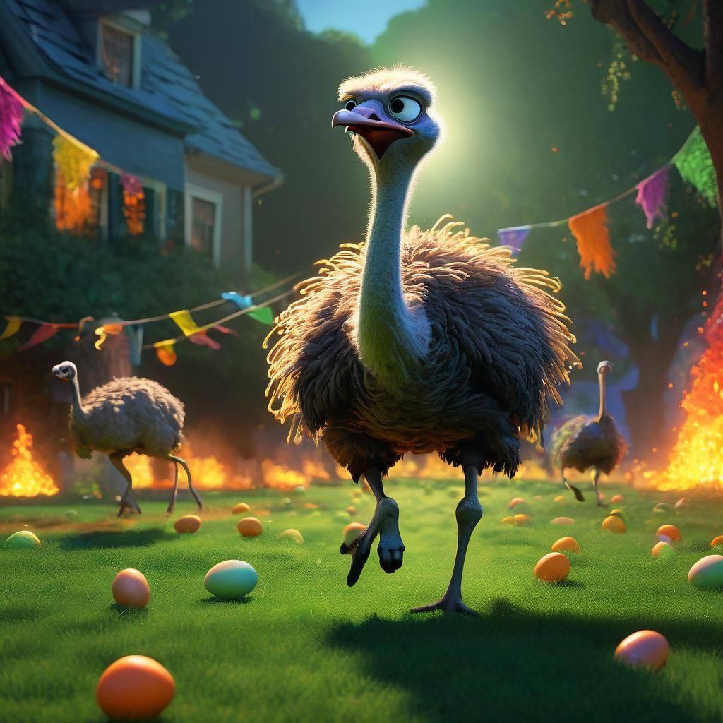 Pixar-Style Ostrich on Fire with Running Mice