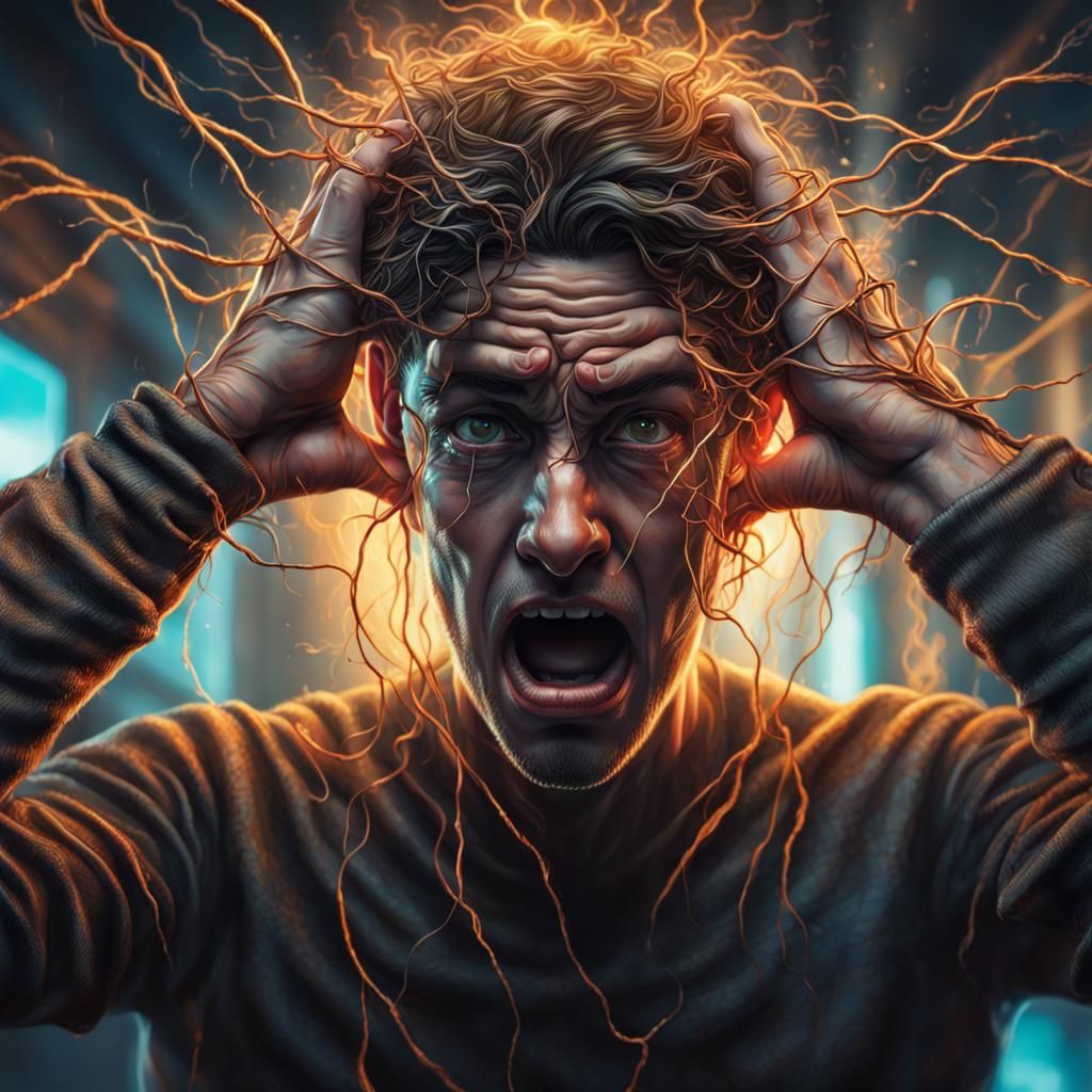 Shocked Person with Black Electricity, Studio Photo