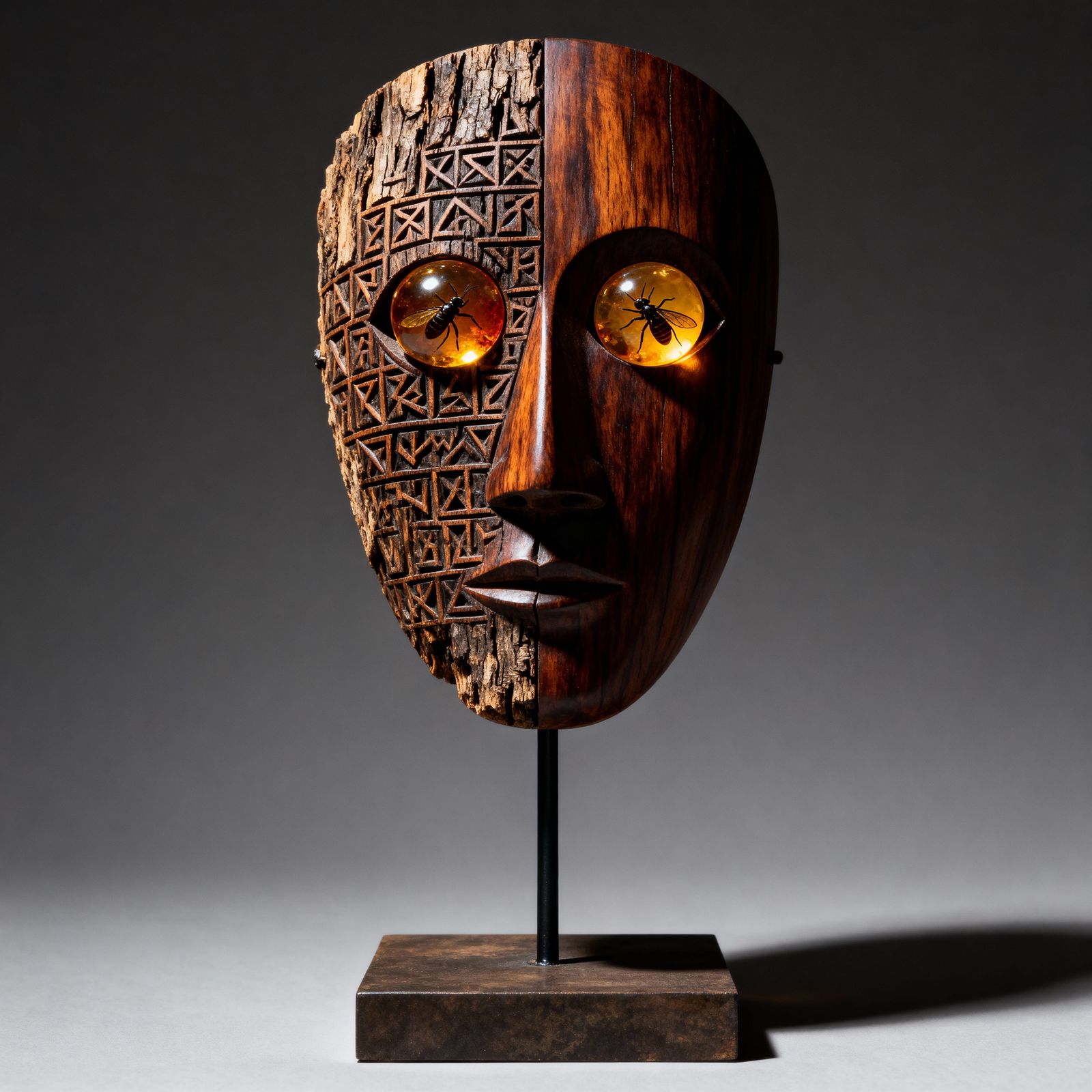 Masterfully Carved Petrified Wood Mask on Museum Stand