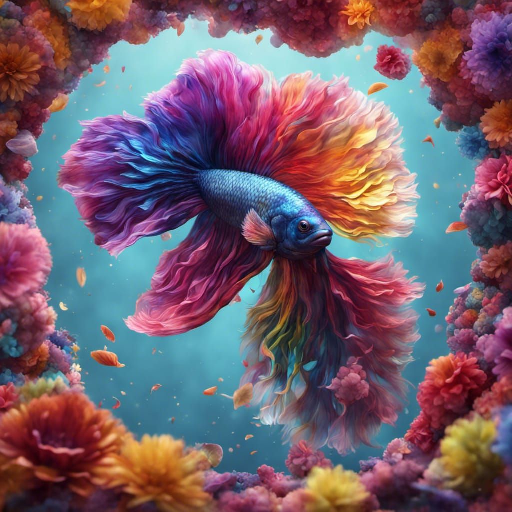 Rainbow Flower Petal Beta Fish: Detailed Digital Art