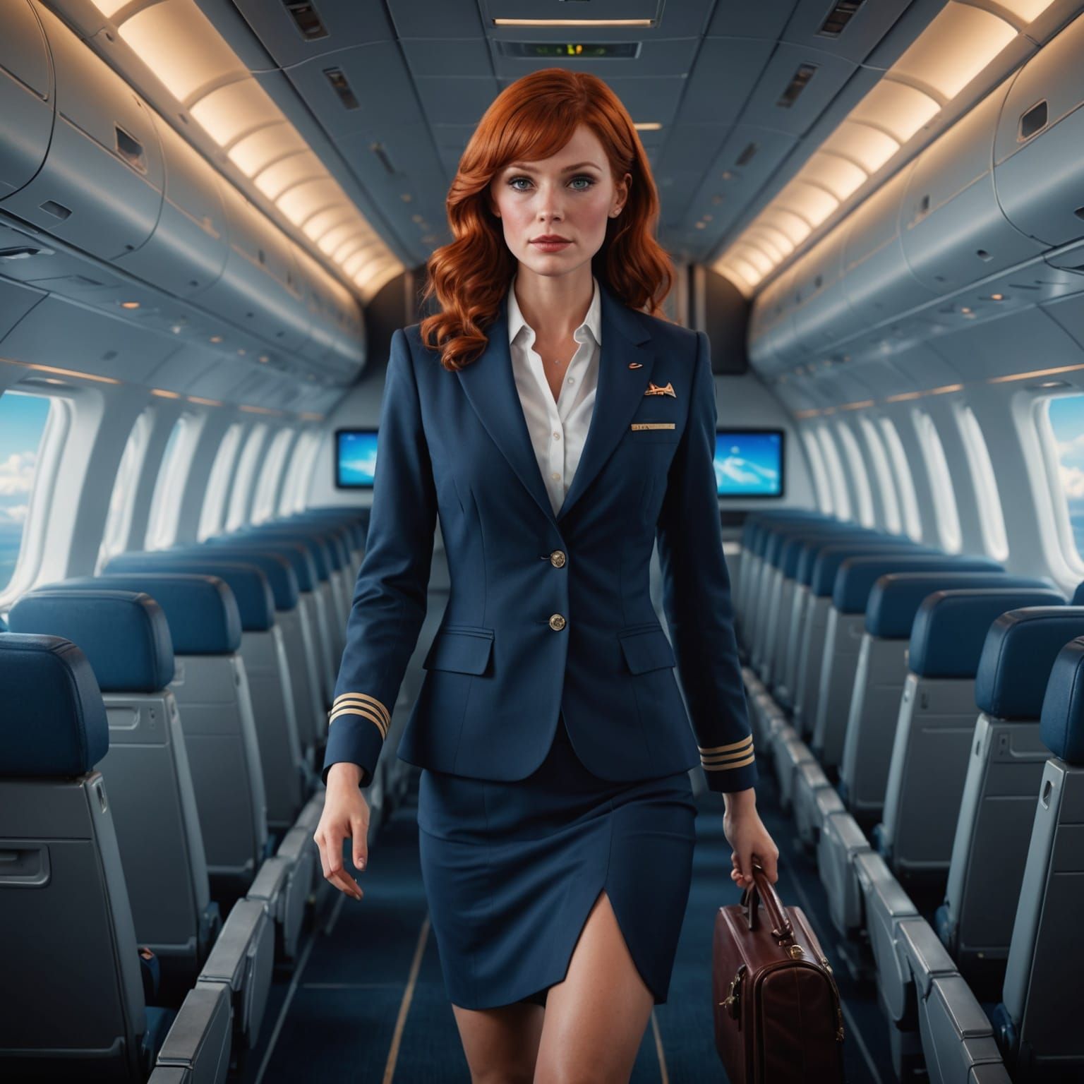 Elegant Stewardess in Airplane Aisle