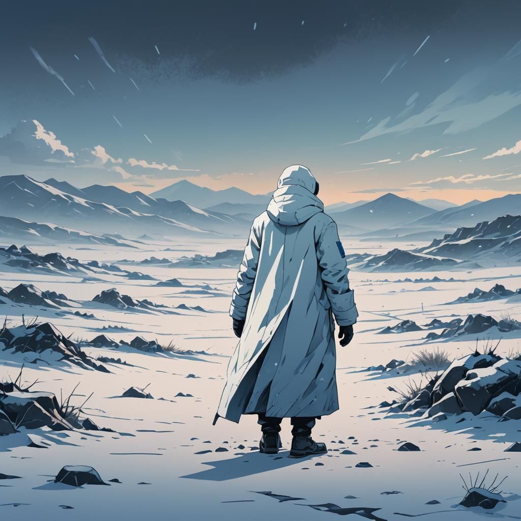 Cyberpunk-inspired Winter Survivor in Desolate Snowscape