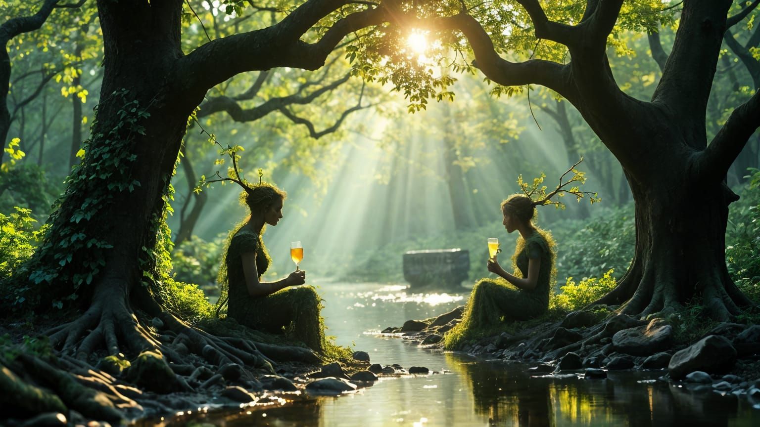 Botanical Beings Share Limoncello in Forest Clearing