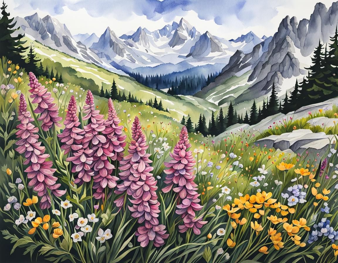 Detailed Alpine Flowers in Watercolor Gouache Style