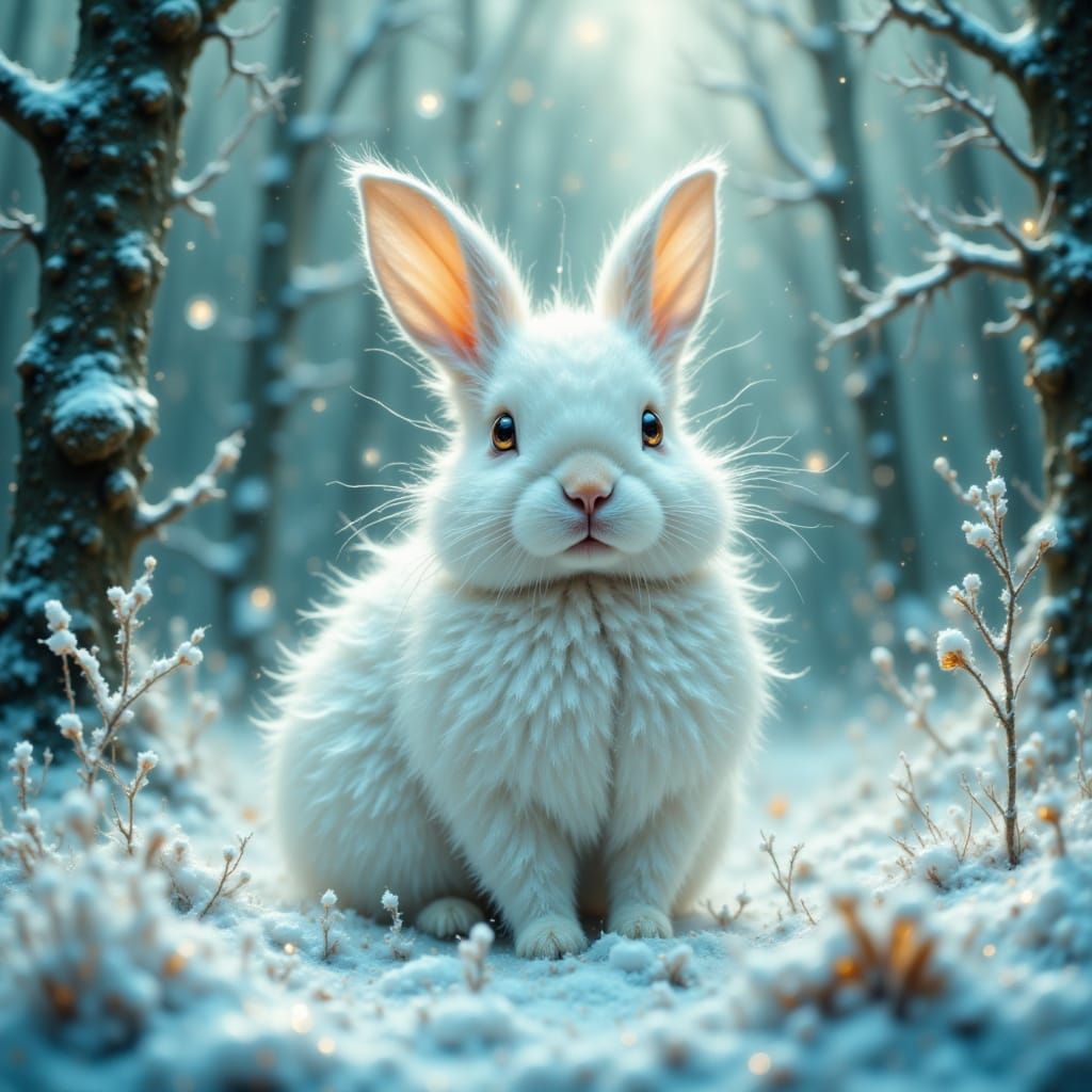 Fluffy White Rabbit in Snowy Forest with Snow Crystal
