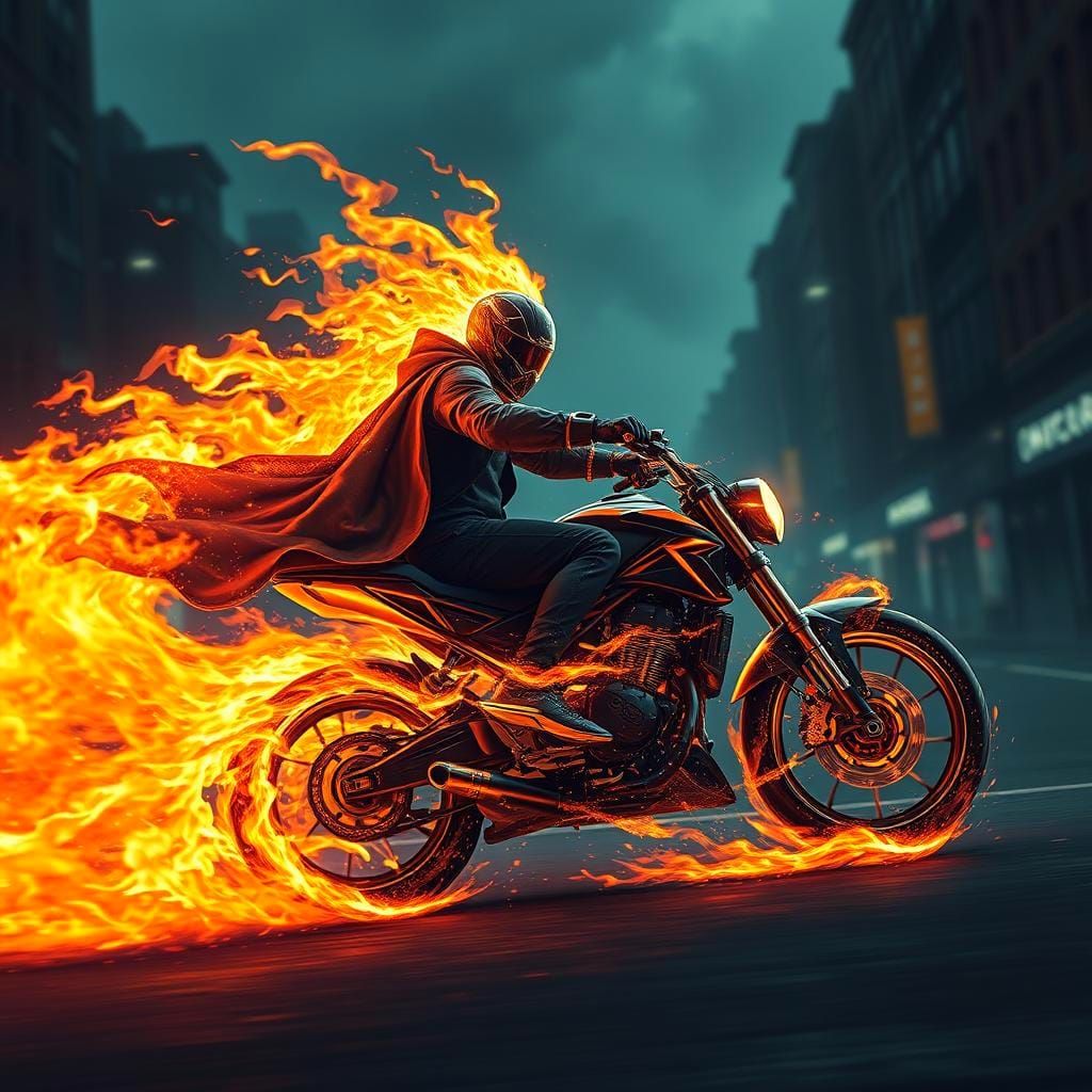 Ghost Rider on Flaming Bike in Dark Street