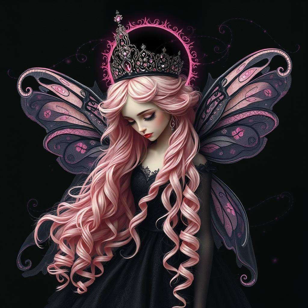 Gothic Fairy with Pink Hair and Sparkling Wings