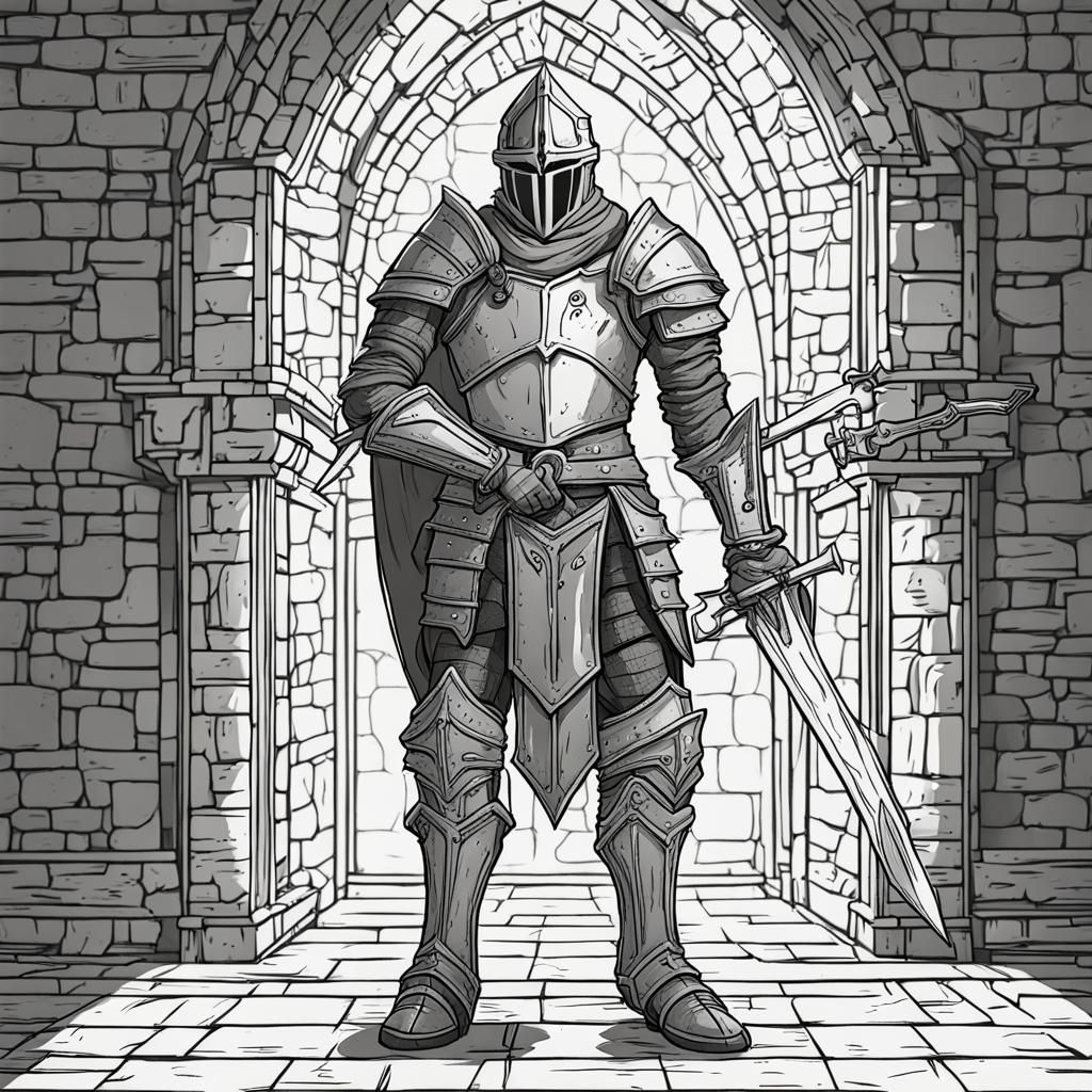 Fantasy Knight in Dungeon: 2D Line Art