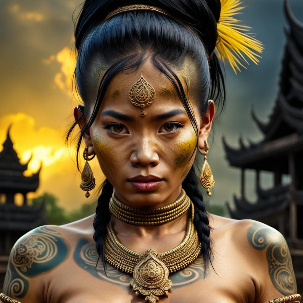 Khmer Woman Warrior with Sak Yant Tattoos