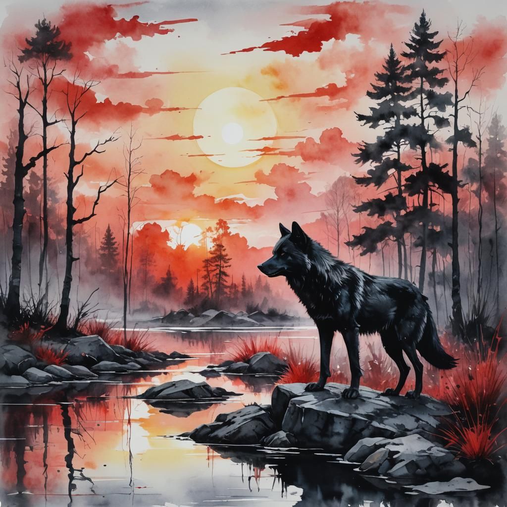 Black Wolf in Swamp: Watercolor Painting at Sunrise