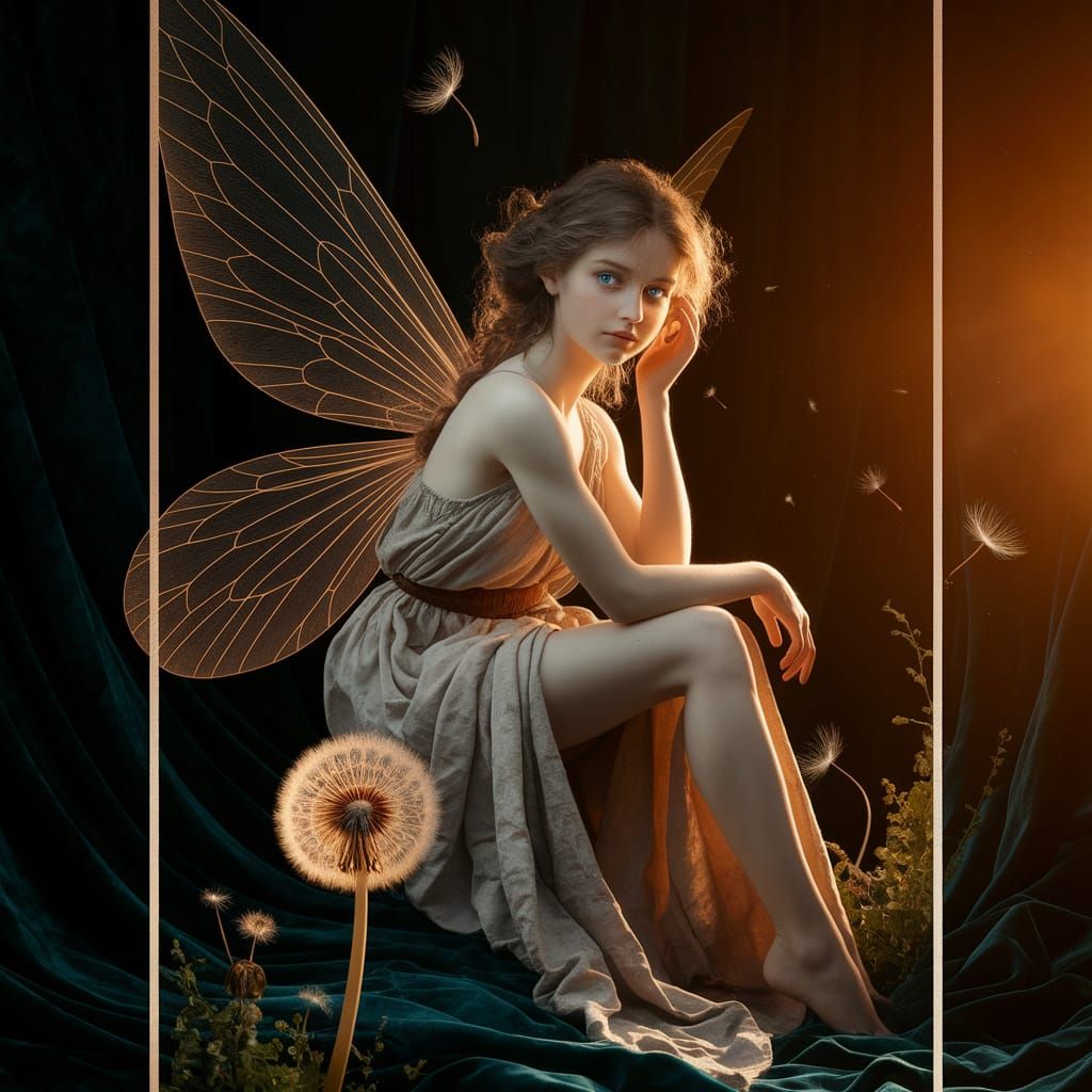Fairy on Dandelion in Golden Light