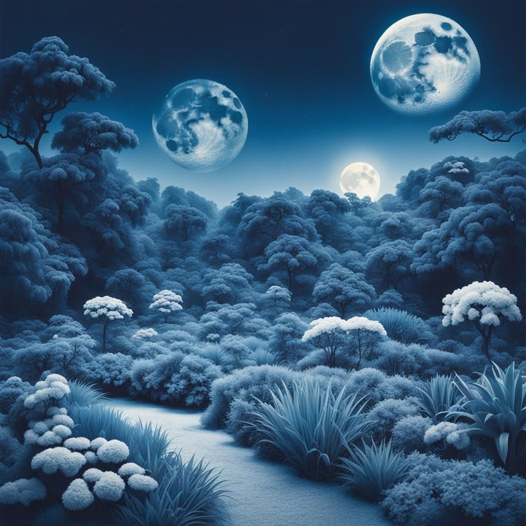 Cyanotype Moonscape: Hyperrealistic Botanical Garden