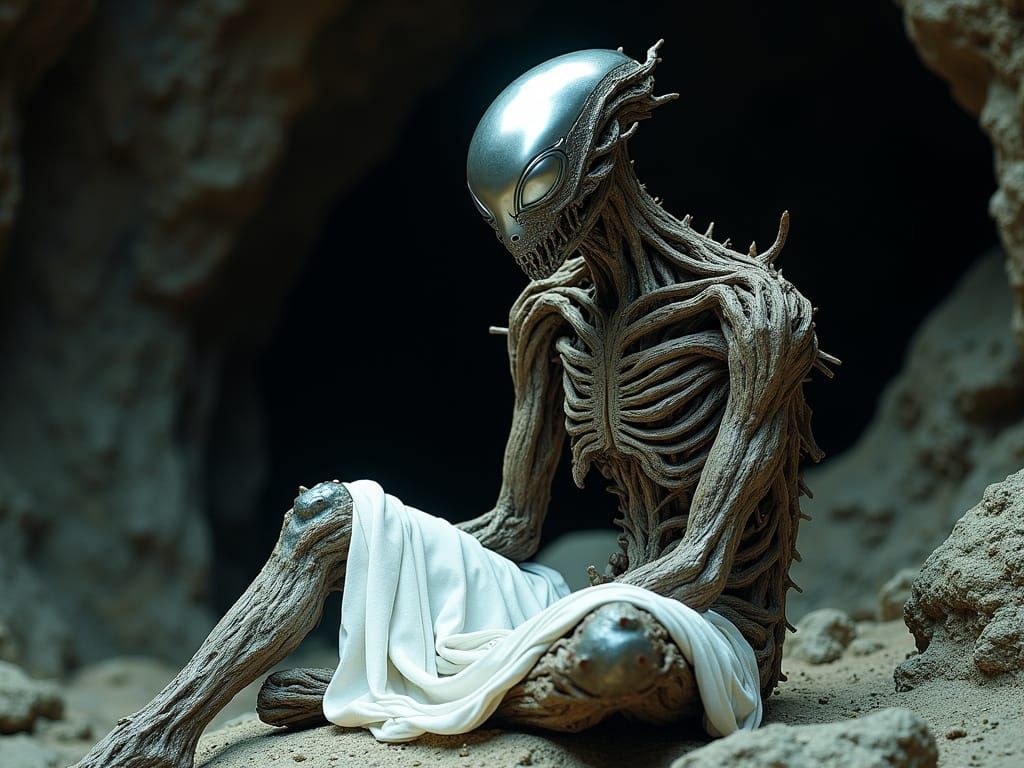 Melancholic Alien Figure in Detailed Cave