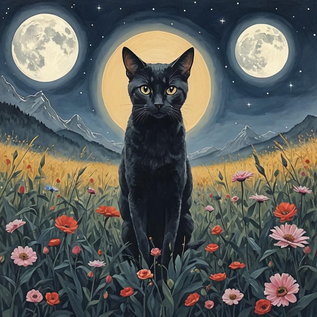 Purple Cat Under Full Moon in Whimsical Astral Landscape