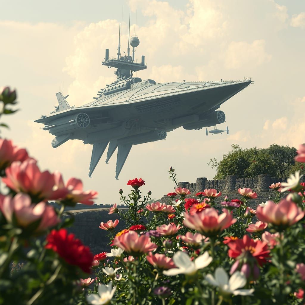 Gigeresque Spaceship Descends Upon a Vibrant Floral Landscap...