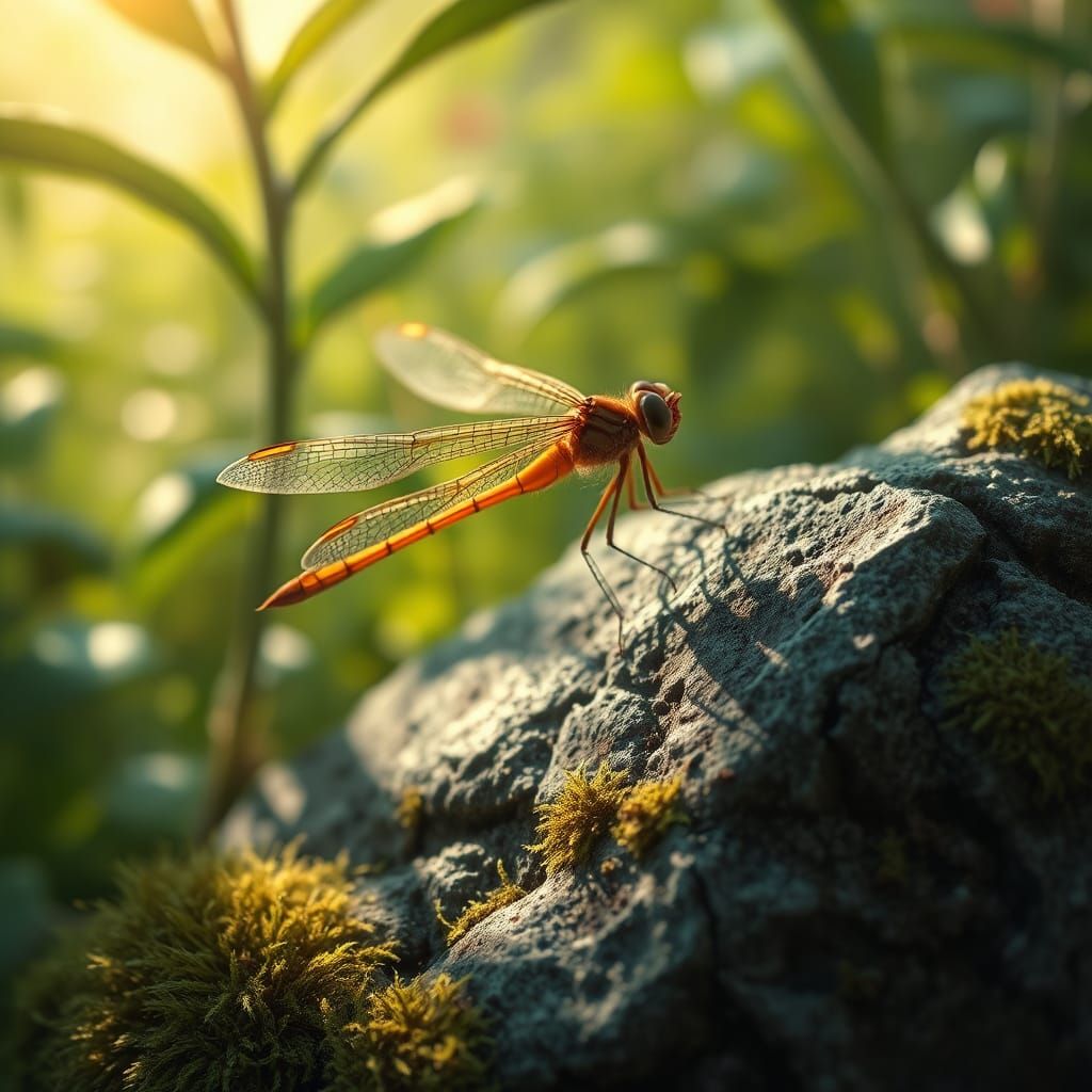 Dragonfly on Mossy Stone in Imaginative Realism Style