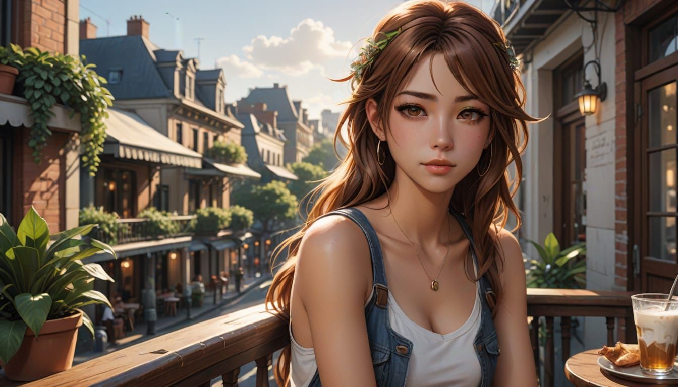 Anime Woman Drinking Coffee in French Quarter Balcony