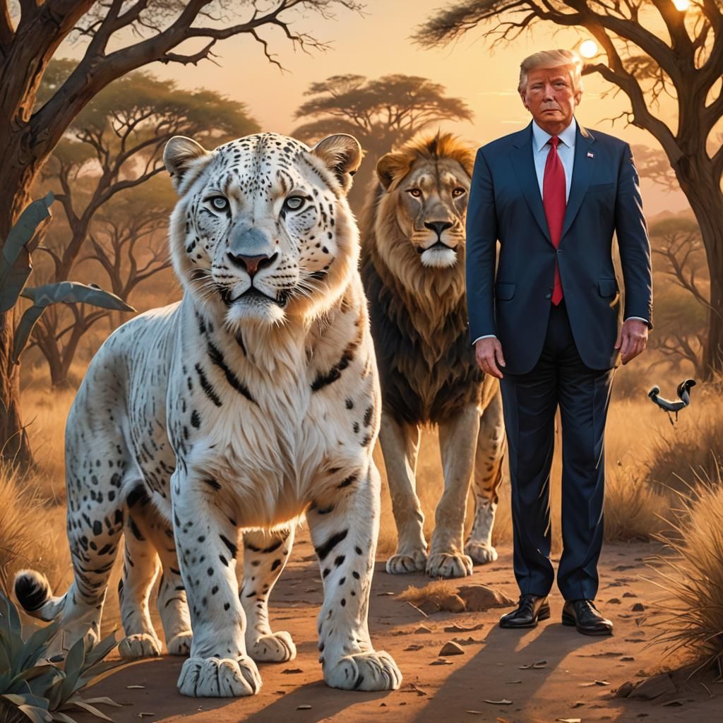 Leopard and Lion in Savannah with Man in Suit