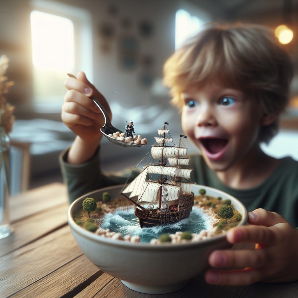 Child's Cereal Bowl Holds Tiny Pirate Ship