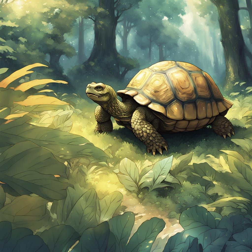 Surreal Anime Tortoise Basks in Golden Light