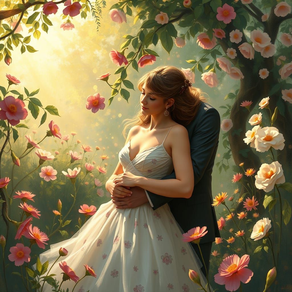 Whimsical Couple in Enchanting Impressionist Garden