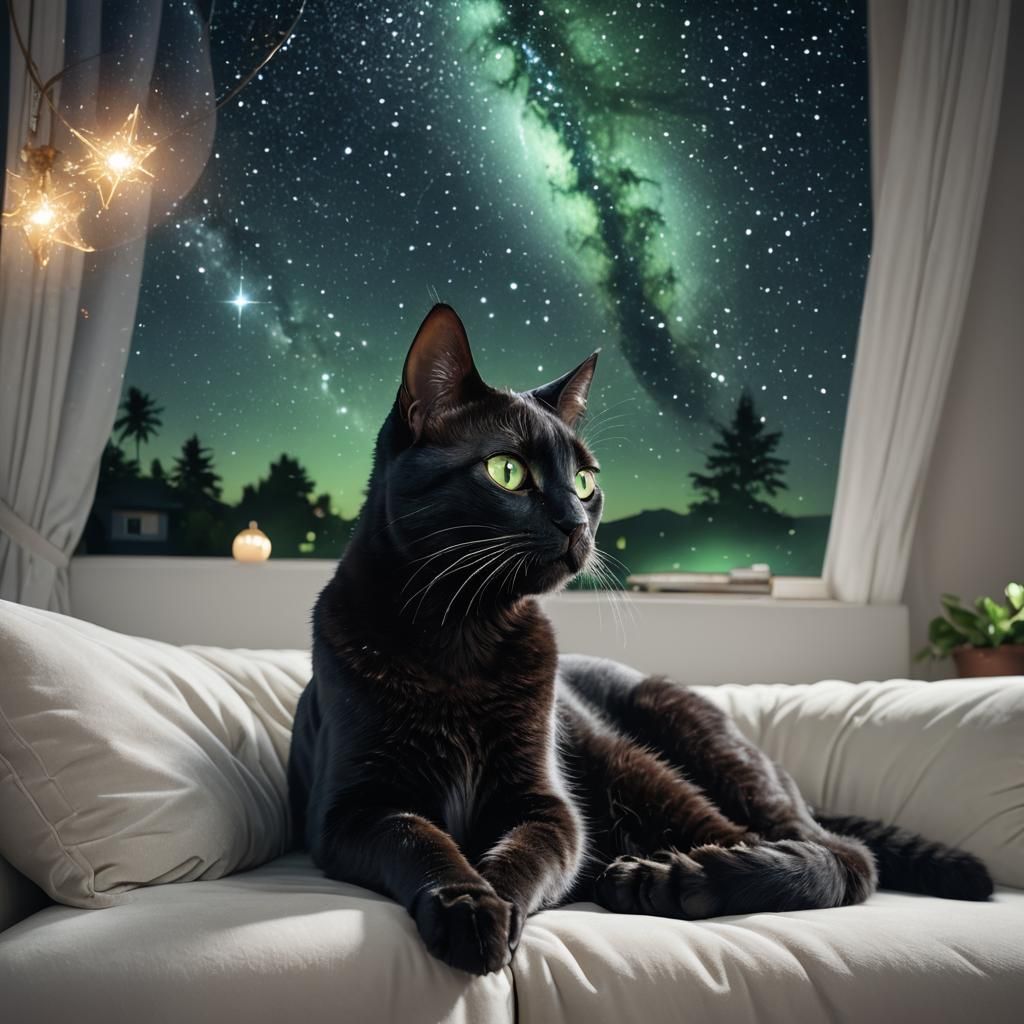 Black Cat with Green Eyes in Starry Scene