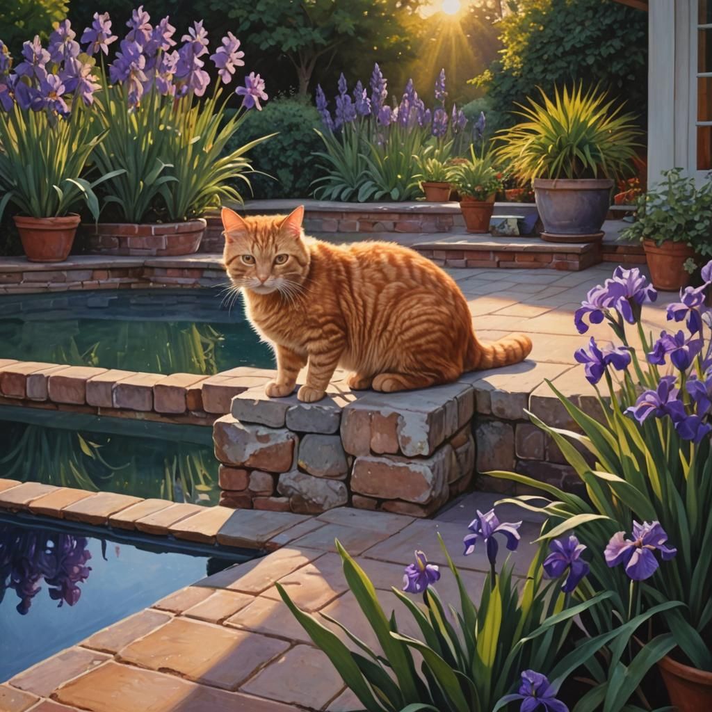 Ginger Cat by Pool with Irises in Photorealistic Style