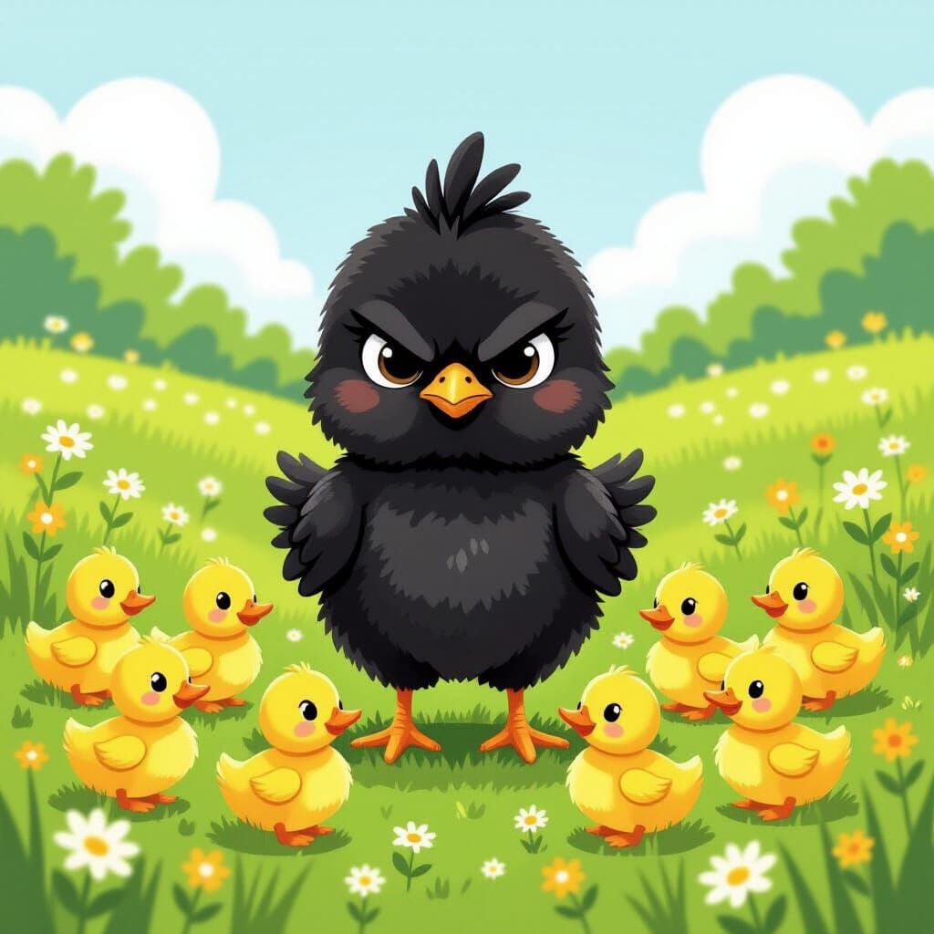 Grumpy Chick Among Ducklings: Storybook Illustration