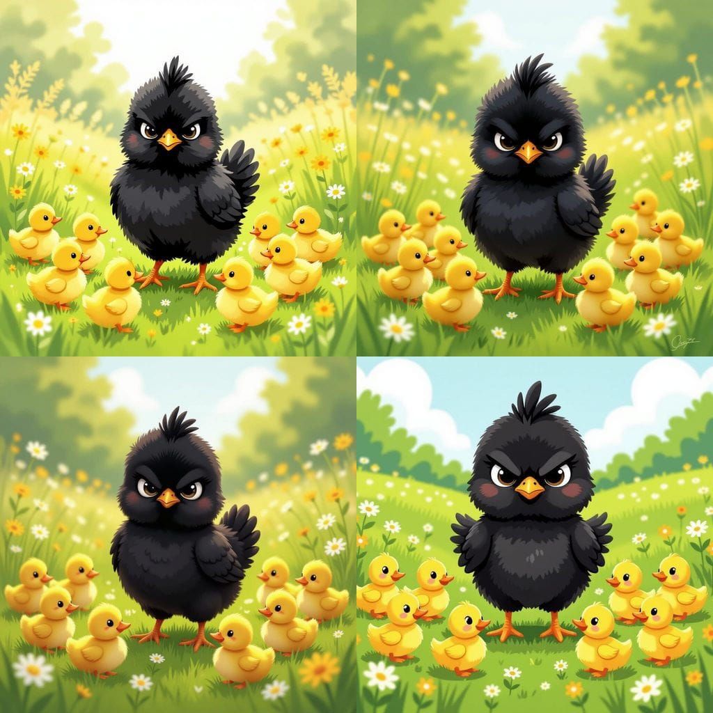 Grumpy Chick and Joyful Ducklings in Meadow